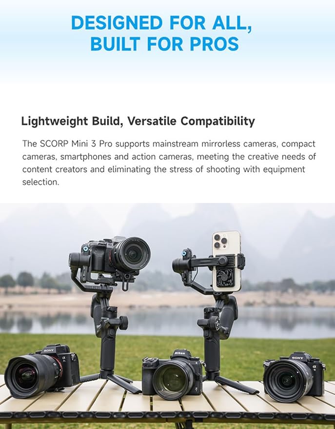 FeiyuTech SCORP Mini 3 Pro Camera Gimbal Stabilizer with AI Tracking, 2KG Payload, Detachable Remote Handle, 3-Axis All in One Handheld Gimbal for Sony/Canon/Nikon/Panasonic/Gopro/Smartphone
