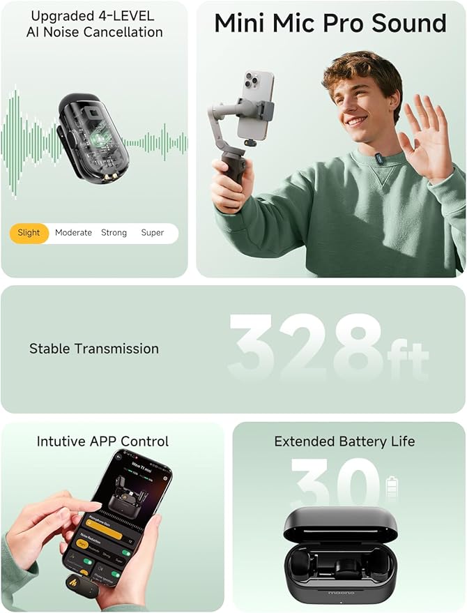 MAONO WAVE T1 Mini Wireless Lavalier Microphone for iPhone Android Tablet PC with Noise Cancellation, AI Voice Filter, 30H Used with Charging Case, USB-C/Lightning Plug for Video Recording Vlog TikTok