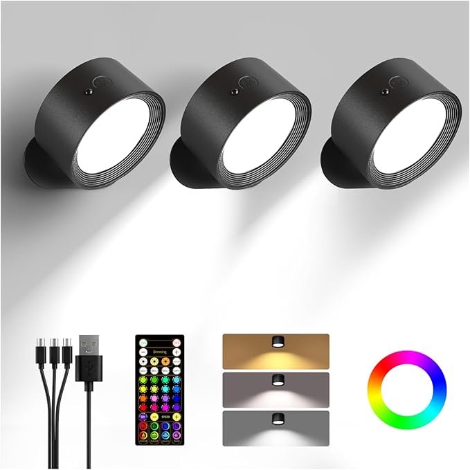 Wall Mounted Lights, 3 Pack Rechargeable RGB Color Changing Light, 3 Color Temps & Remote and Touch, 360°Rotation Dimmable Cordless for Study Bedroom Reading Bedside (Black)