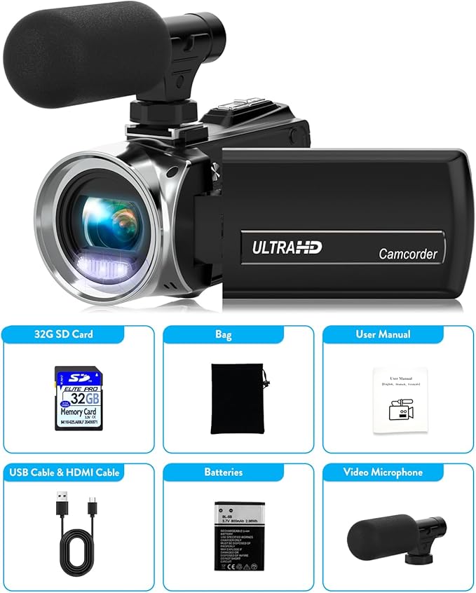 Rawiemy Video Camera Camcorder FHD 4K 36MP Vlogging Camera for YouTube Video Recorder 3.0" 270 Degree Rotation Screen Video Cameras for Filming with Microphone,32GB SD Card (Black)
