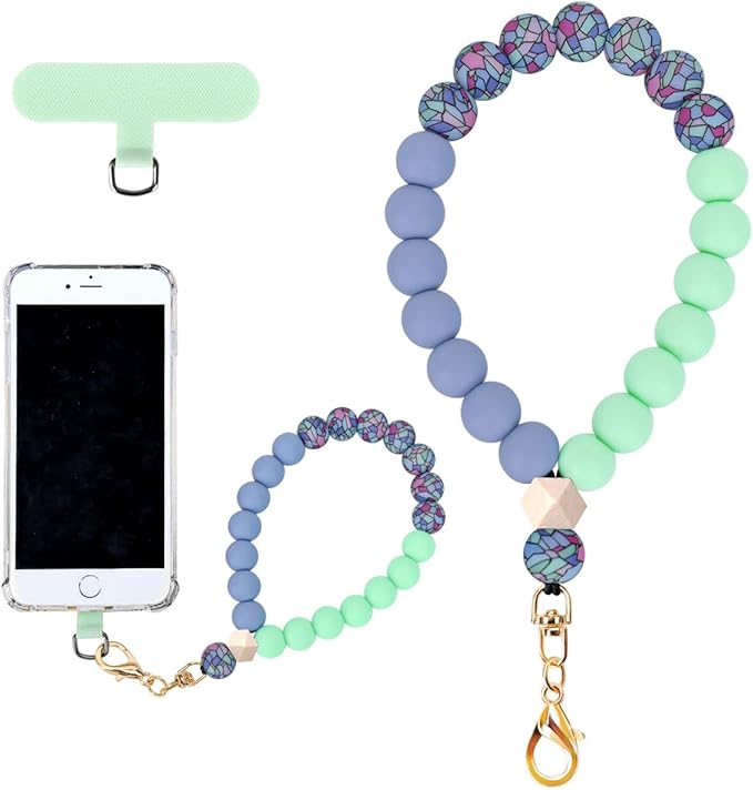 Marble Silicone Beaded Phone Wrist Strap, Cellphone Lanyard with Tether Tab, Elastic Hands-Free Wristlet Bracelet
