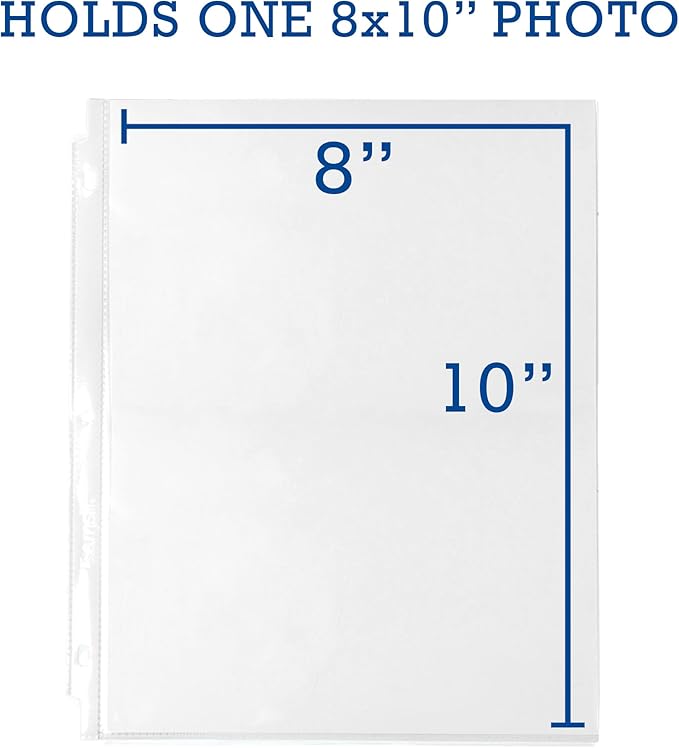 Samsill 50 Pack Full Page Photo Storage for 8x10 Photos, 8.5x11 Inch Clear Sheets Fit in Standard 3 Ring Photo Album, Top Loading, 100 Pictures Total
