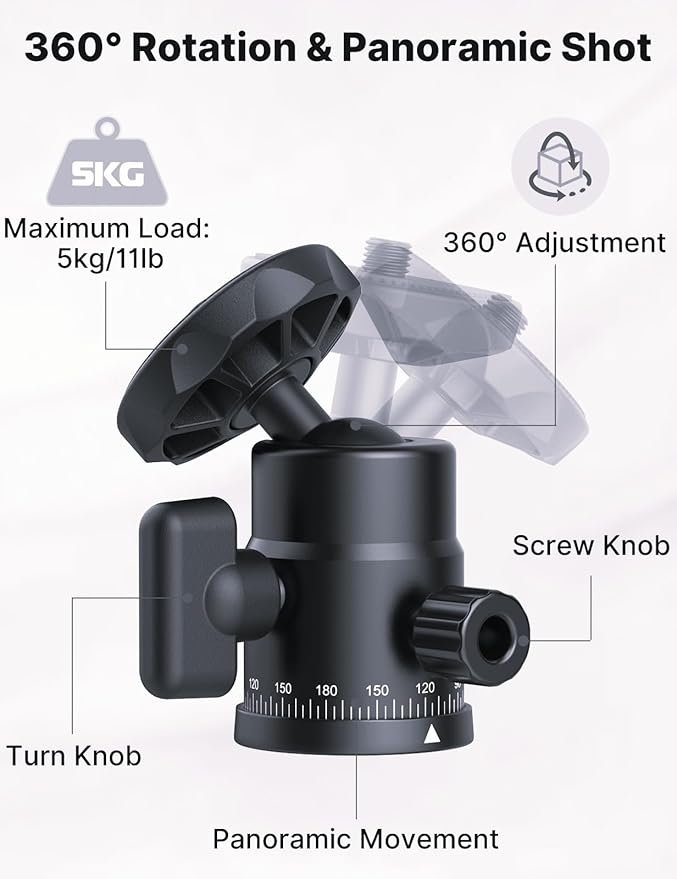 XIAOTJ Mini Ball Head with Hot Shoe Mount Adapter, Metal 360° Rotating Panoramic Tripod Head with 1/4" Screw, for Monitor/LED Light/Action Cameras/Phone Holder Attach DSLR Camera Cage Cold Shoe Mount