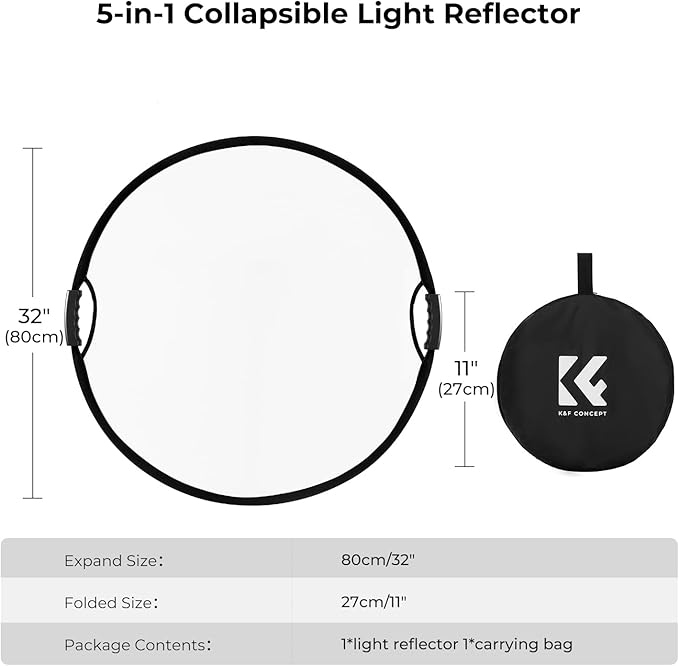 K&F CONCEPT Light Reflector with Grips, 32"(80cm) 5-in-1 Photography Diffuser Collapsible Portable with Grips for Studio and Outdoor Lighting Gold Silver White Black Translucent