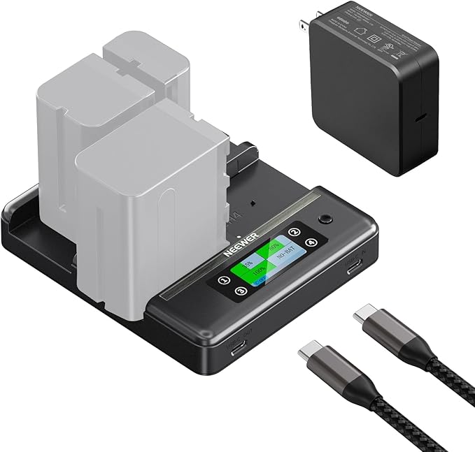 NEEWER NP-F970 4 Channel Charger with Smart Power Consolidation Compatible with Sony NP-F550 750 Camcorder NPF Camera Battery, PD100W Fast Charging/PD100W Charger/Dual USB C/OLED Display, NW-F4R
