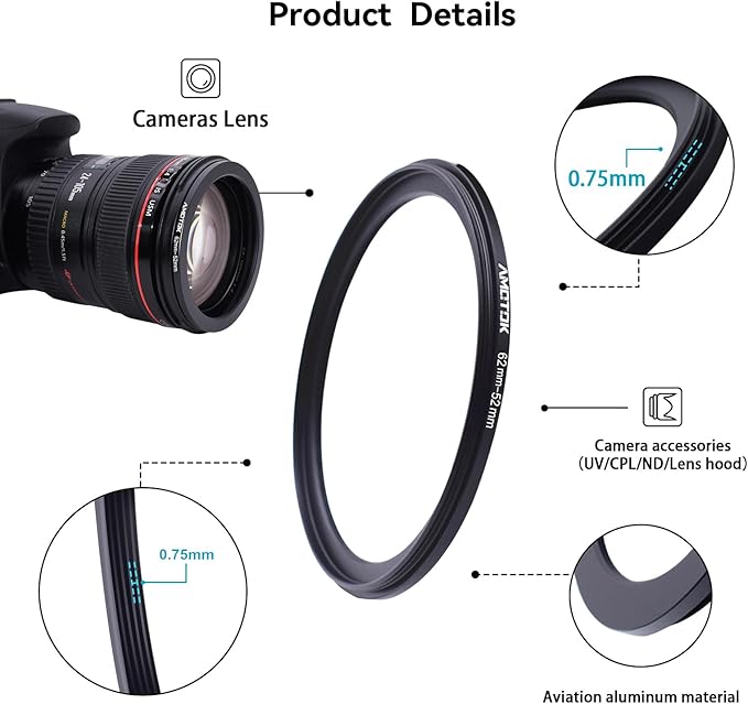 62mm Lens to 52mm Camera Lens Adapter,62mm to 52mm Filter Step-Down Ring Adapter Ring,Compatible All 52mm Filter Accessory