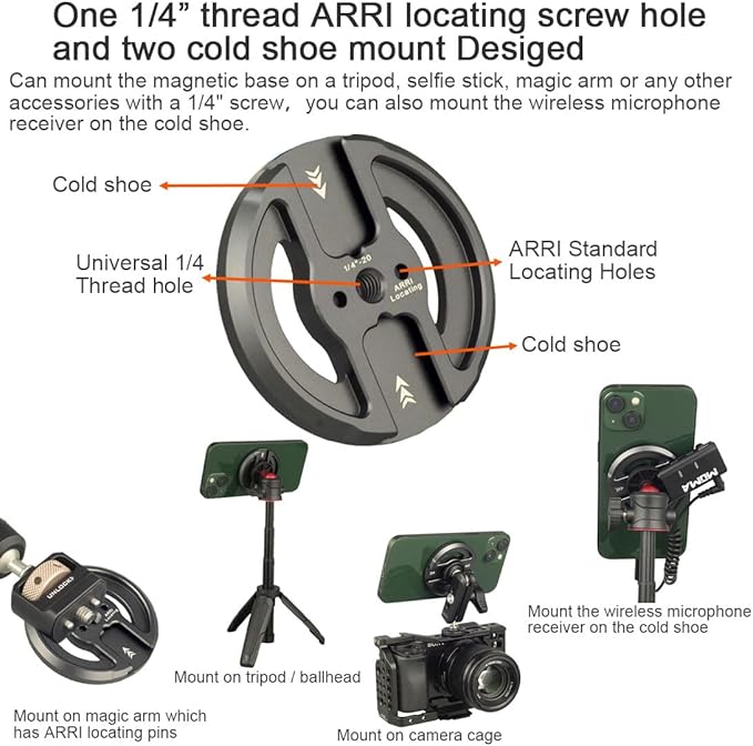Magnetic Phone Tripod Mount Adapter with 1/4" Screw Holes and Cold Shoe Compatible with Magsafe iPhone 16/15/14/13/12 Pro Max for Magsafe Case/Cover, Tripod, Selfie Stick, Ballheads