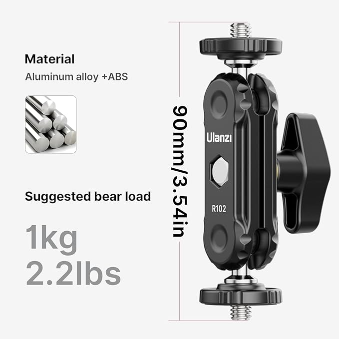 ULANZI Magic Arm with Double Ballhead 1/4" Screw, Compatible with Universal Monitor Mount for Camera, Video Shooting Photography Accessories Microphone Fill Light Bracket