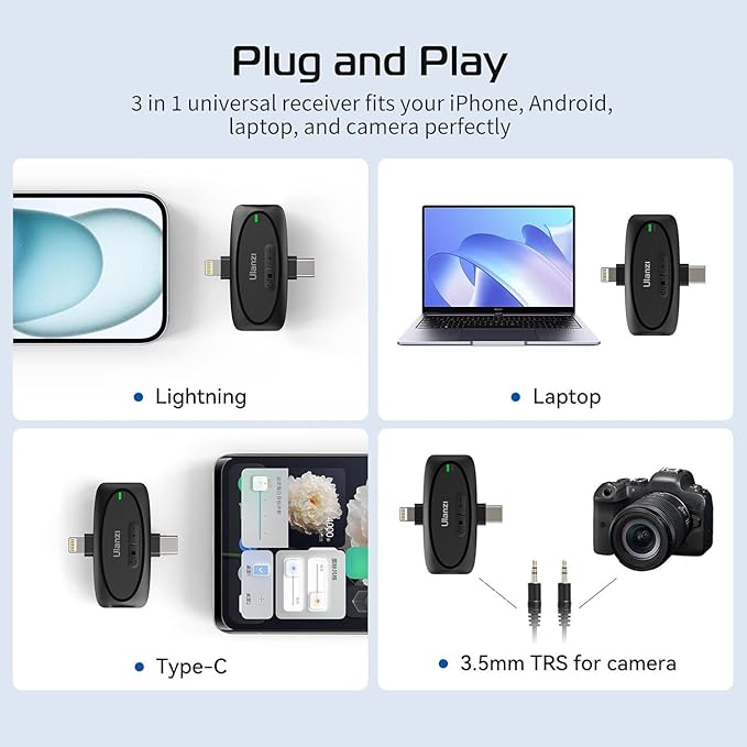 ULANZI V6 Wireless Lavalier Microphone for iPhone iPad Android Camera, 3-in-1 Plug-Play Mic for Phone Video Recording Interview Youtubers Vloggers, 164ft Transmission Range