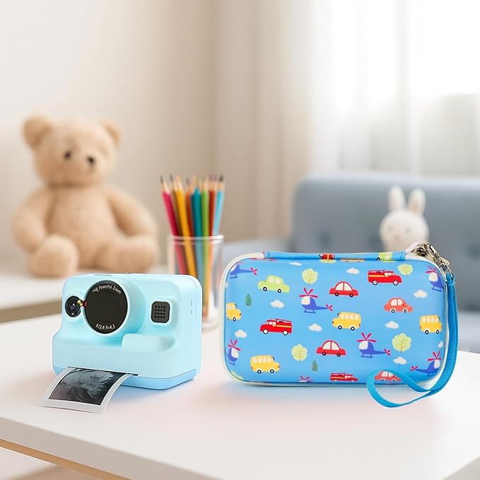 Case Compatible with DYLANTO for ESOXOFFORE for ETIKEZ for YTETCN for DUDUDRAGON Instant Print Camera, Kids Camera Storage for Accessories (Box Only) (Case and 3 Paper Rolls, Blue-Car)