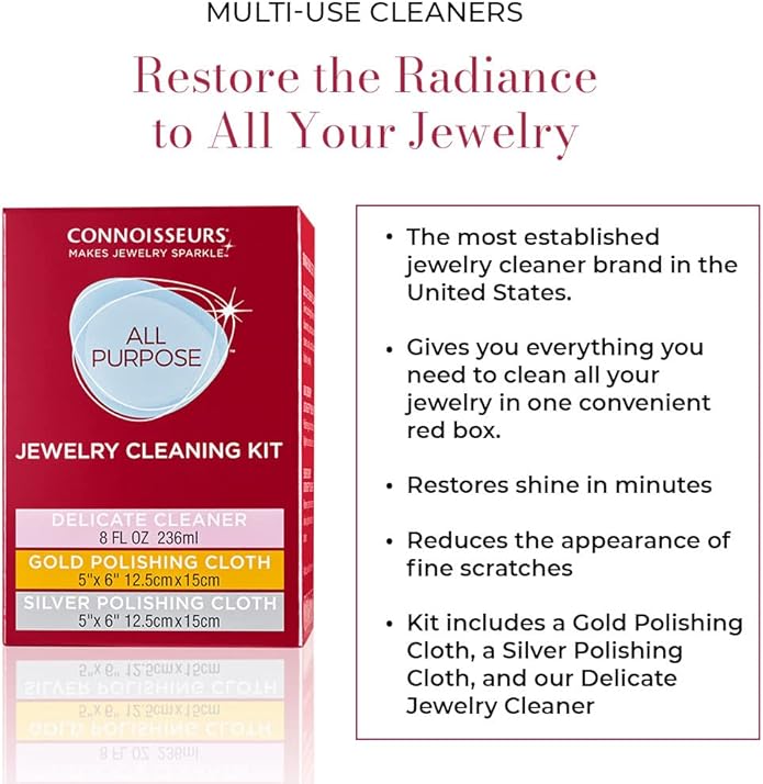 CONNOISSEURS All-Purpose Jewelry Cleaning Kit - Includes Delicate Jewelry Cleaner Solution and 2 Polishing Cloths