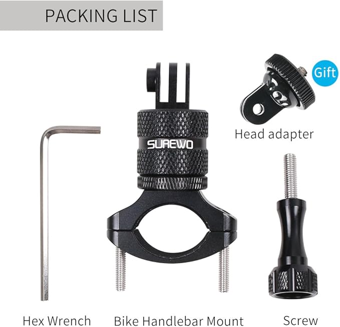 SUREWO Bike Mount for Action Cameras, Aluminum Handlebar Mount Compatible with GoPro Hero 13/12/11/10/9/8/7/6/5 Black, GoPro Max, DJI Osmo Action 5/4/3/2, Crosstour and More