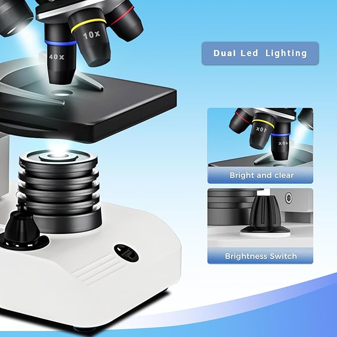 M2 Dual Power Supply Compound Monocular Microscope 40X-2000X for Adults & Students All-Metal STEM Lab Kit with Glass Optics, Dual LED, Slides & Carry Case