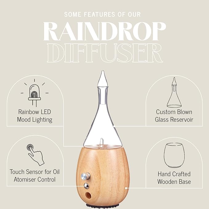 Raindrop 2.0 Aromatherapy Diffuser for Essential Oil, Waterless Glass Nebulizer w/Auto-Off Switch, BPA Free - Lightwood