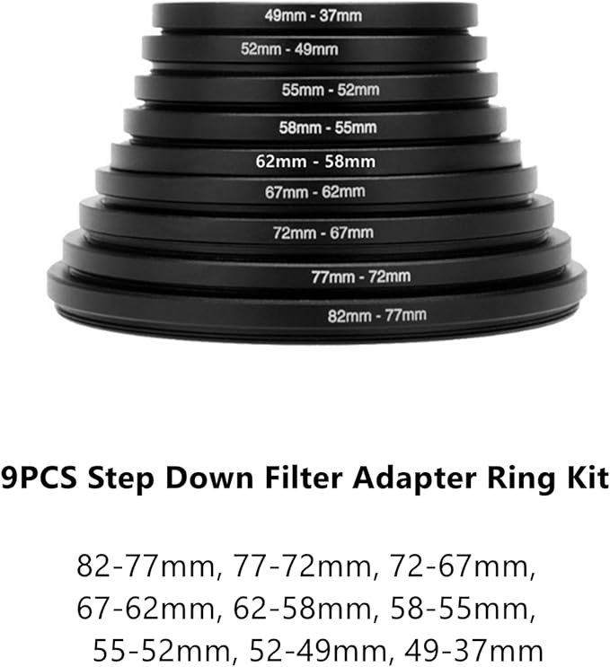 Filter Ring Adapter Set 18 Pieces, Camera Lens Filter Stepping Rings Kit, Lightweight and Durable Aluminum, 9 Pcs Step Up Rings Set and 9 Pcs Step Down Rings Set, Black
