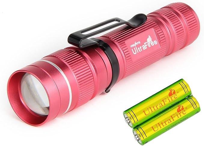 ULTRAFIRE Mini Pocket LED Flashlight with 1.5V AA Alkaline Battery, Zoomable 300 Lumen 3 Modes Bright Small EDC Flashlight Tactical Torch for Kids Children Outdoor Camping (Pink)
