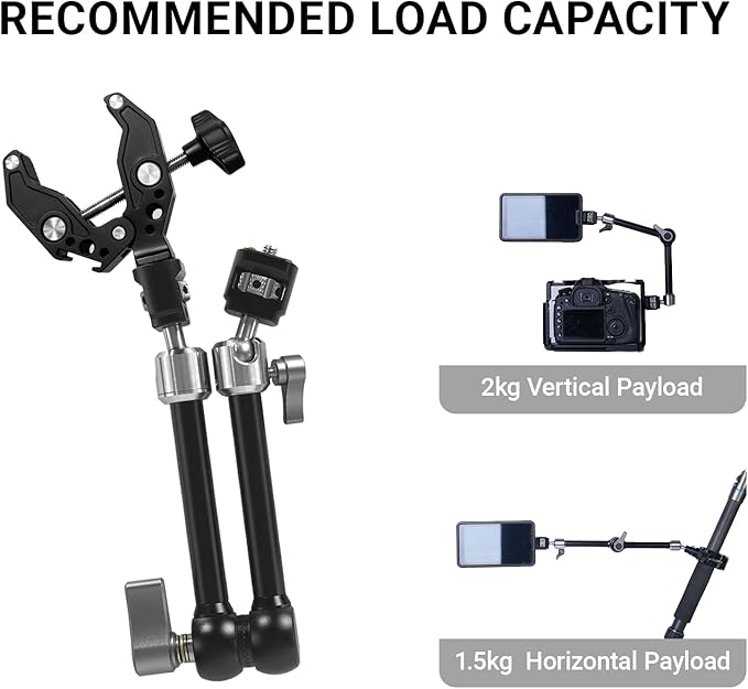 Heavy-Duty Articulating Magic Arm Mount with Super Clamp, 360° Dual Ball Head & 1/4" ARRI Locating Pin&Holes, Camera Monitor Mount for Action Camera Video LED Light (11" Magic Arm w/Clamp)