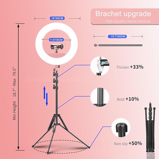 55W18 45cm Ring Light Kit [New Version] 6700K Dimmable LEDRinglightTripod Stand Dual Phone Holder for iPhone Selfie Makeup LashTattoo Studio Lighting Painting,Photo Video Recording (Pink)