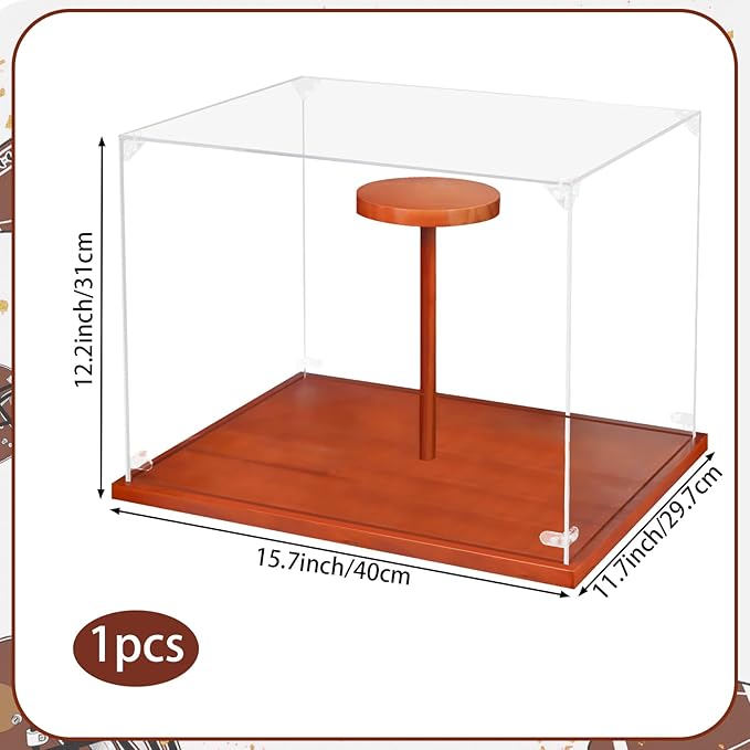 Clear Acrylic Helmet Display Case with Wood Base & Tee, Memorabilia Stand Cube Holder, Dust Protection Transparent Storage Box for Single Helmet Souvenir Collections
