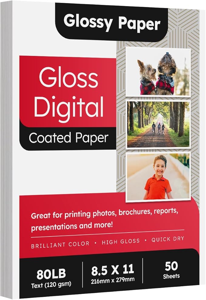 8.5 x 11 Double Sided C2S Glossy Paper for Full Color Laser Printing, Great for Photos Brochures Flyers Posters Business and Everyday Printing, 80lb Text (32lb Bond), Acid Free Gloss Coated, 50 Sheets