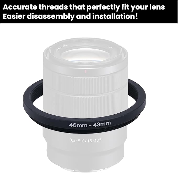 Metal Step Down Ring Filter Adapter - 46mm to 43mm - Metal Ring Step Down Rings Adapter Filter Compatible with All 43mm UV, CPL, ND, Lens Hood, Threaded Lens ect