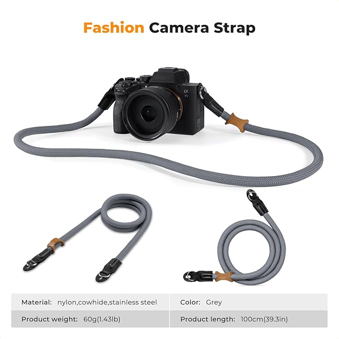 K&F CONCEPT Camera Neck Strap,100cm Nylon Rope Camera Shoulder Strap with O-ring for DSLR Camera