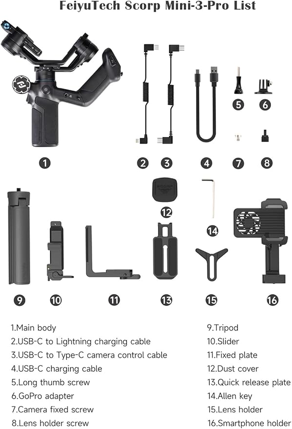 FeiyuTech SCORP Mini 3 Pro Camera Gimbal Stabilizer with AI Tracking, 2KG Payload, Detachable Remote Handle, 3-Axis All in One Handheld Gimbal for Sony/Canon/Nikon/Panasonic/Gopro/Smartphone