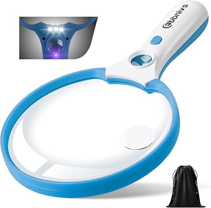Large Magnifying Glass with Light, Magnifier Handheld Illuminated Lighted Magnifier with 3 LED Lights 1UV Light Storage Bag Clean Cloth for Seniors Reading Inspection (Blue)