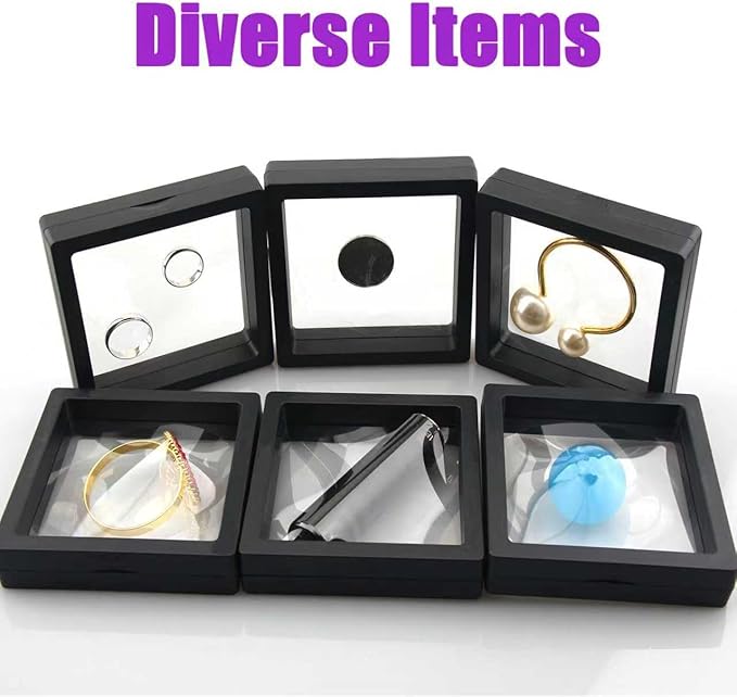 6Pcs Black 3D Floating Display Case Jewelry Storage Box Holder Stands Transparent Frame Gift Box Dustproof Stackable Coin Medals Earrings Necklaces Rings Bracelets Boxes