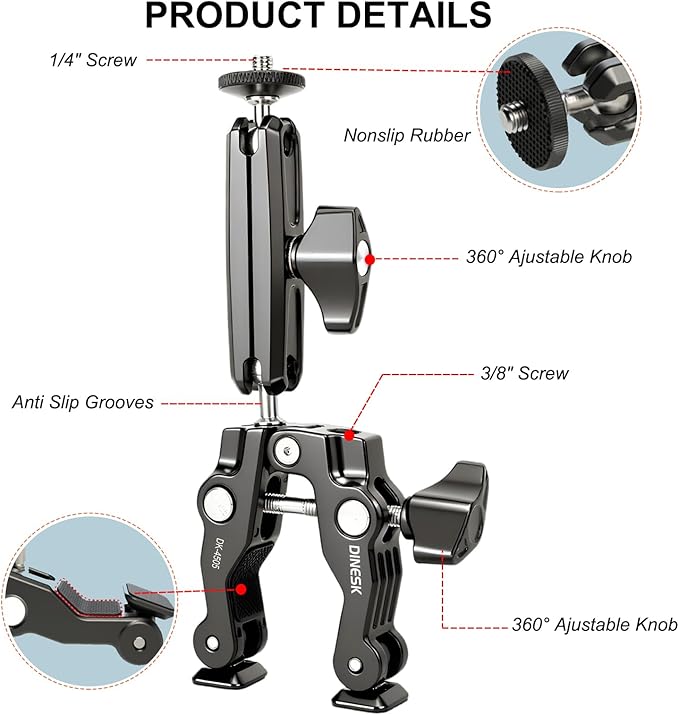 Super Clamp with Dual Ball Head Magic Arm, 1/4"-20 & 3/8"-16 Threads, Phone/Action Camera Mount Adapte for Desktop Tripod Canon Nikon DSLR Camera/Gopro/LED Lights/Ronin-M/Ronin MX/Freefly MOVI