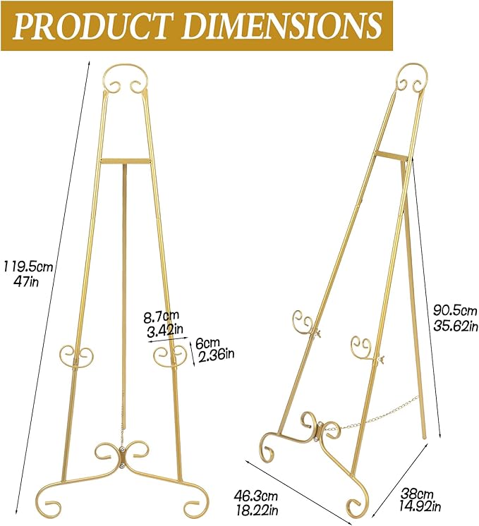 Gold Easel Stand for Sign, Round Tube Scroll Display Easel, Vintage Metal Floor Stand, Adjustable Chain Easel for Wedding Sign, Artwork, Pictures & Commercial Use