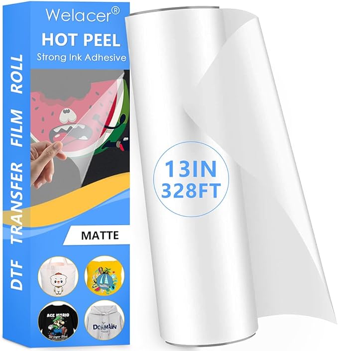Welacer DTF Transfer Film Roll 13 Inch x 328 FT for Double-Side Matte Clear Pretreat Sheets, PET Heat Transfer Paper for Inkjet Printer Direct Print on T Shirts Textile