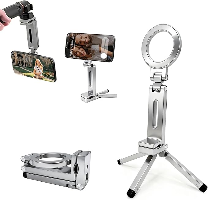 Magnetic Phone Tripod Stand, 360° Rotating Foldable Aluminum Mount for All Phones, Strong Magnetic Grip, Telescopic Adjustable Design for Desk, Travel, Photography, Live Streaming, and Video Calls