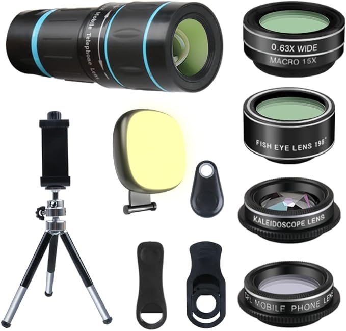 Phone Camera Lens, 6 lenses+ LED Light+ Remote Shutter+ Tripod, 18X Telephoto Zoom/Wide angle/Macro/Fisheye/CPL/Kaleidoscope camera lens kit for iPhone Xs X XR 8 7 6 Plus Samsung and Android