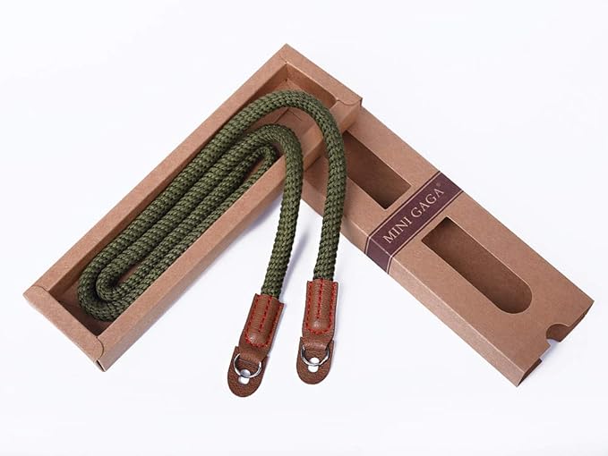 MINI GAGA Vintage Handmade Cotton Leather Camera Neck Strap for Leica Nikon Fuji Pentax Canon Panasonic Sony Long Army Green