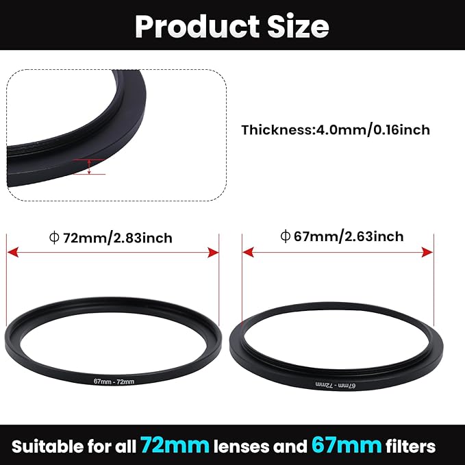 Metal Step Up Ring Filter Adapter - 67mm to 77mm - Metal Ring Step Up Rings Adapter Filter Compatible with All 77mm UV, CPL, ND, Lens Hood, Threaded Lens ect