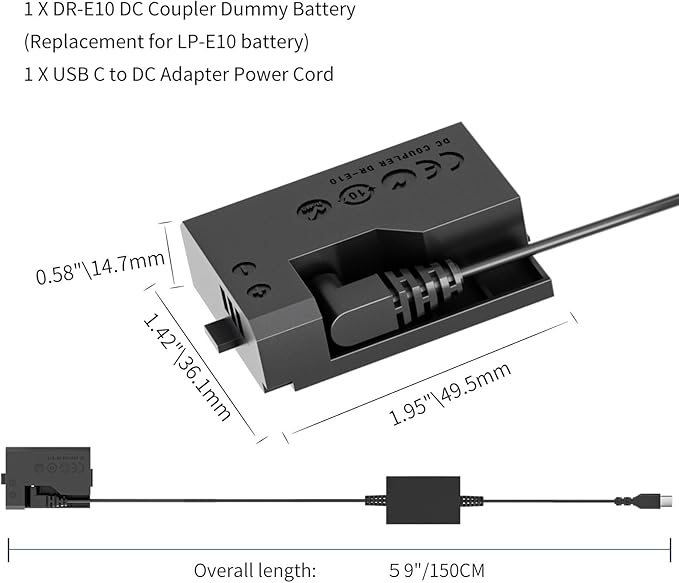 DR-E10 DC Coupler LP-E10 Dummy Battery USB C Cable Replace ACK-E10 AC Power Adapter Compatible with Canon EOS Reble T7 T6 T5 T3 T100 1100D 1200D 1300D 1500D 2000D Kiss X50 X70 X80 X90