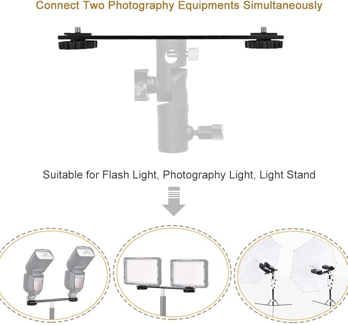 UTEBIT 8 inch Flash Bracket, Dual Camera Mount Extension Bar with 1/4 Screw Hot Shoe, Straight Flash Bracket Tripod Mount for DSLR Camera LED Light Studio Video Microphone, 2Packs