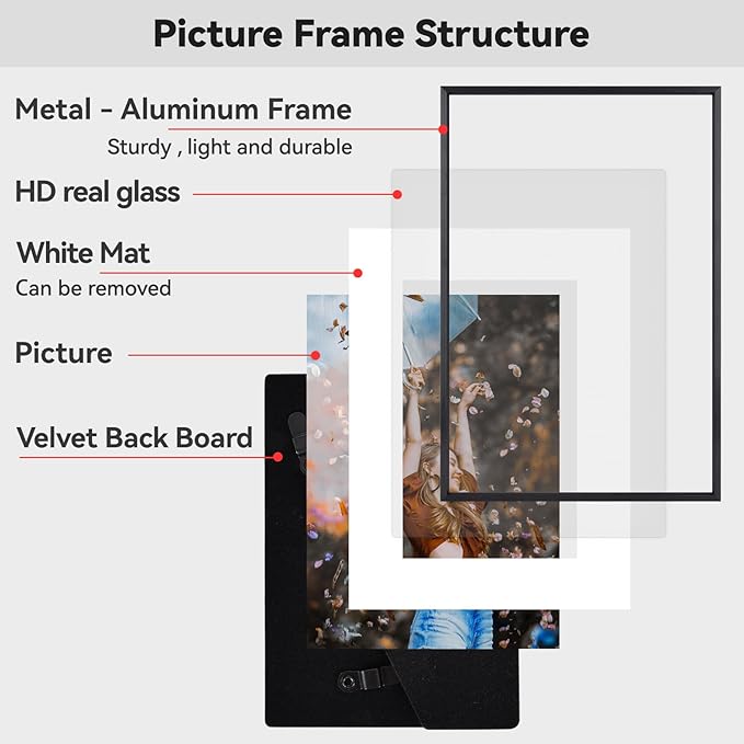 6x9 Picture Frame, Black Aluminum Metal Photo Frames with HD Glass, Fits 5x7 with Mat or 6 x 9 without Mat, Display for Wall and Table