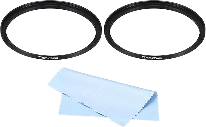 PATIKIL 77mm-82mm Metal Step Up Ring with Cleaning Cloth, 2 Pack Camera Lens Filter Adapter Ring Aluminum Filter Adapter Ring for Camera Lenses Hood, Black