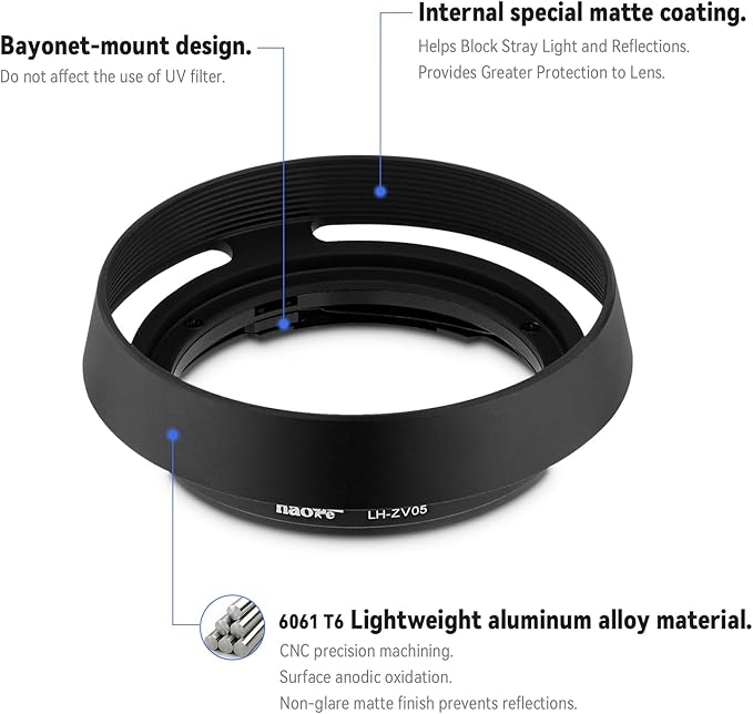 Haoge LH-ZV05 Round Metal Lens Hood for Carl Zeiss Biogon T* 2/35 35mm f2 ZM, C Biogon T* 2.8/35 35mm f2.8 ZM, Planar T* 2/50 50mm f2 ZM; Voigtlander NOKTON Classic 35mm f1.4 VM, 40mm f1.4 VM as LH-6