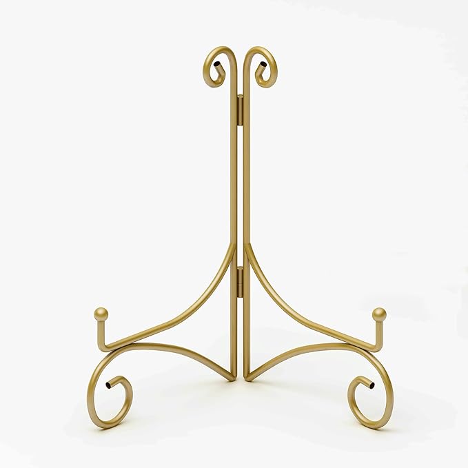 HEMYLU 10 Inch Display Plate Stand with Folding Design, Metal Plate Holder for Tables, Picture Easel for Home Decoration, Photo Frame Stand, 10'' Gold, 2-Pack