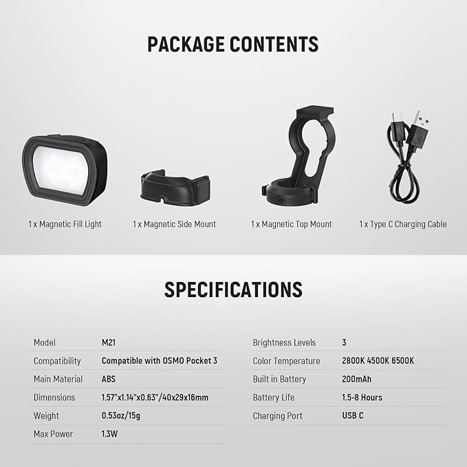 NEEWER Basics Magnetic Auxiliary Light Compatible with DJI OSMO Pocket 3 Gimbal Camera Creator Combo, USB C Rechargeable Mini LED Fill Lighting Attachment for Selfie Vlog Video Recording, M21 Black