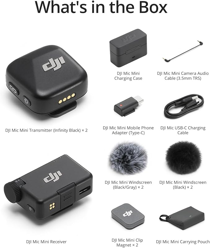 DJI Mic Mini (2 TX + 1 RX + Charging Case) Wireless Lavalier Microphone, Ultralight, 48-Hour Battery Bundle with 2 YR CPS Enhanced Protection Pack, 2 x Deco Gear Lapel Microphone and 7" EVA Case