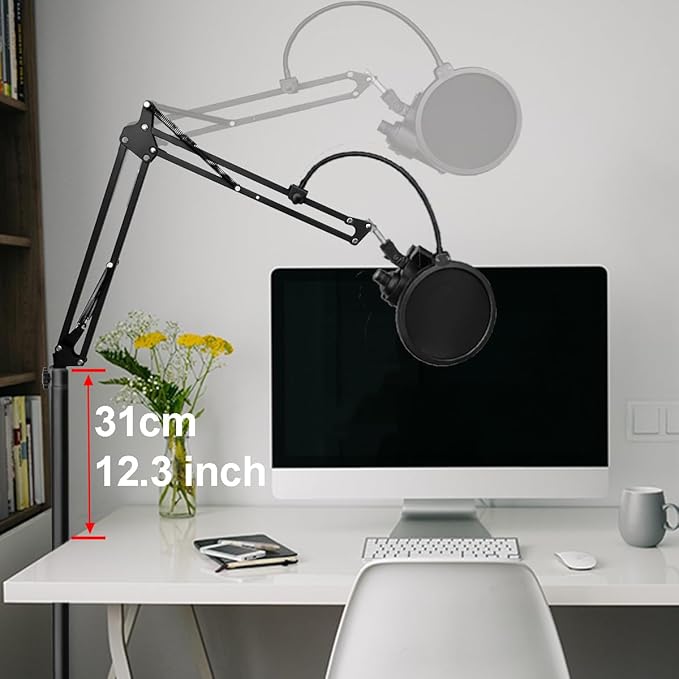 Mic Stand Floor Boom Arm for Blue Yeti, Nano, Snowball, HyperX QuadCast, SM7B MV7, Fifine K688 and More Mic, Floor Microphone Stand with 3/8" to 5/8" 1/4" Screw, Pop Filter Mic Clip Cable Ties