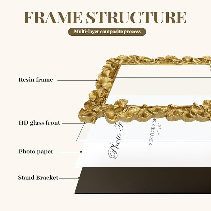 Cuspin Gold Picture Frames 4x6 Vintage Gold Frame, Ornate Leaf Textured Hand-Crafted Resin with Glass Front Antique Photo Frames for Tabletop Display, Retro Design Home Decor