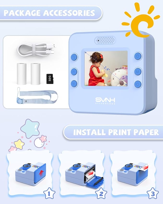 Kids Camera Instant Print, Digital Camera for Kids, 180° Rotating Selfie Lens with 32GB SD Card & 2 Rolls Printing Paper Kids Toy Birthday Gifts for Boys Girls Ages 3-12, Blue