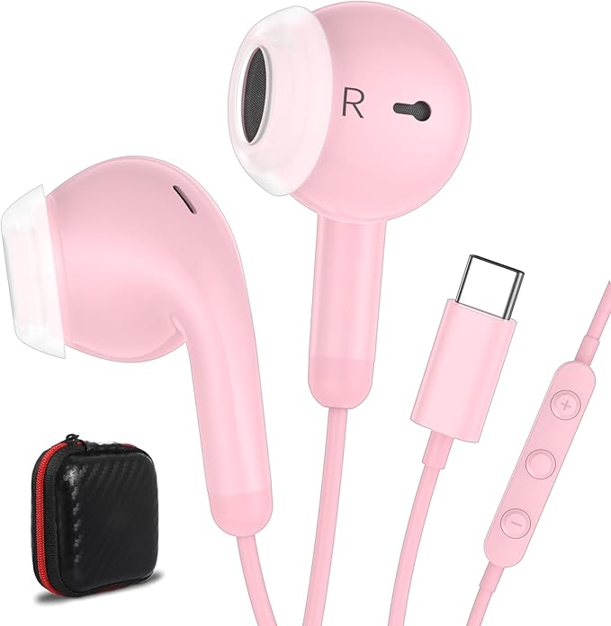 USB C Earbuds Wired USB Type-C Headphones for Apple iPhone 17 16 15 Pro/iPad 10th Generation for Galaxy S26 Pixel 10 Earphones with Microphone Volume Control Noise Isolating HiFi Stereo Headset Pink