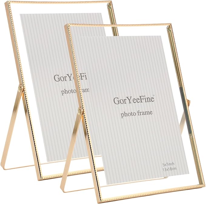 Gold 5x7'' Floating Frame Set of 2, For Photo Sizes (3.5 x5'', 4x 6'' up to 5x7'' ), Beautiful Metal Lace Edge Frames Adjustable Tabletop/Shelf Photo Frame, Classy Gift Choice for Wedding,