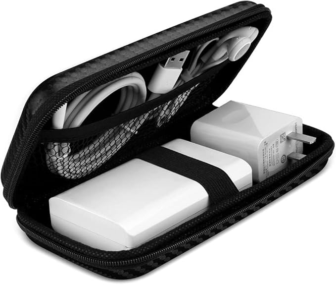iMangoo Travel Essentials Electronics Organizer Charger Case Portable Dual Zipper Shockproof Pouch Tech Purse Cord Cable Pouches Power Bank Storage Accessories Bag for Women Men,6.5x3.2x1 Fiber Black